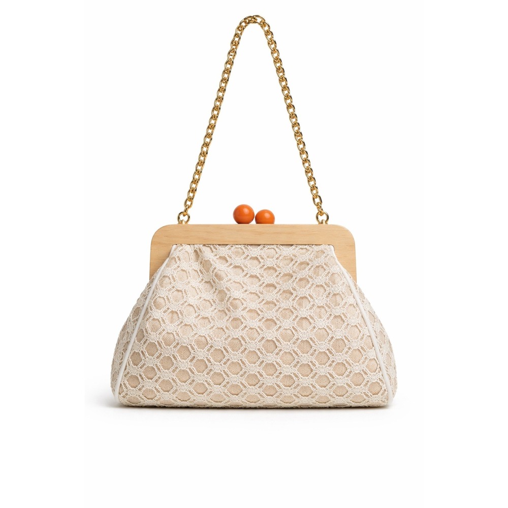 Woven Lace Wood Frame Clutch Crossbody Bag Cream Gold Chain Strap Beachy Boho - Picture 1 of 6